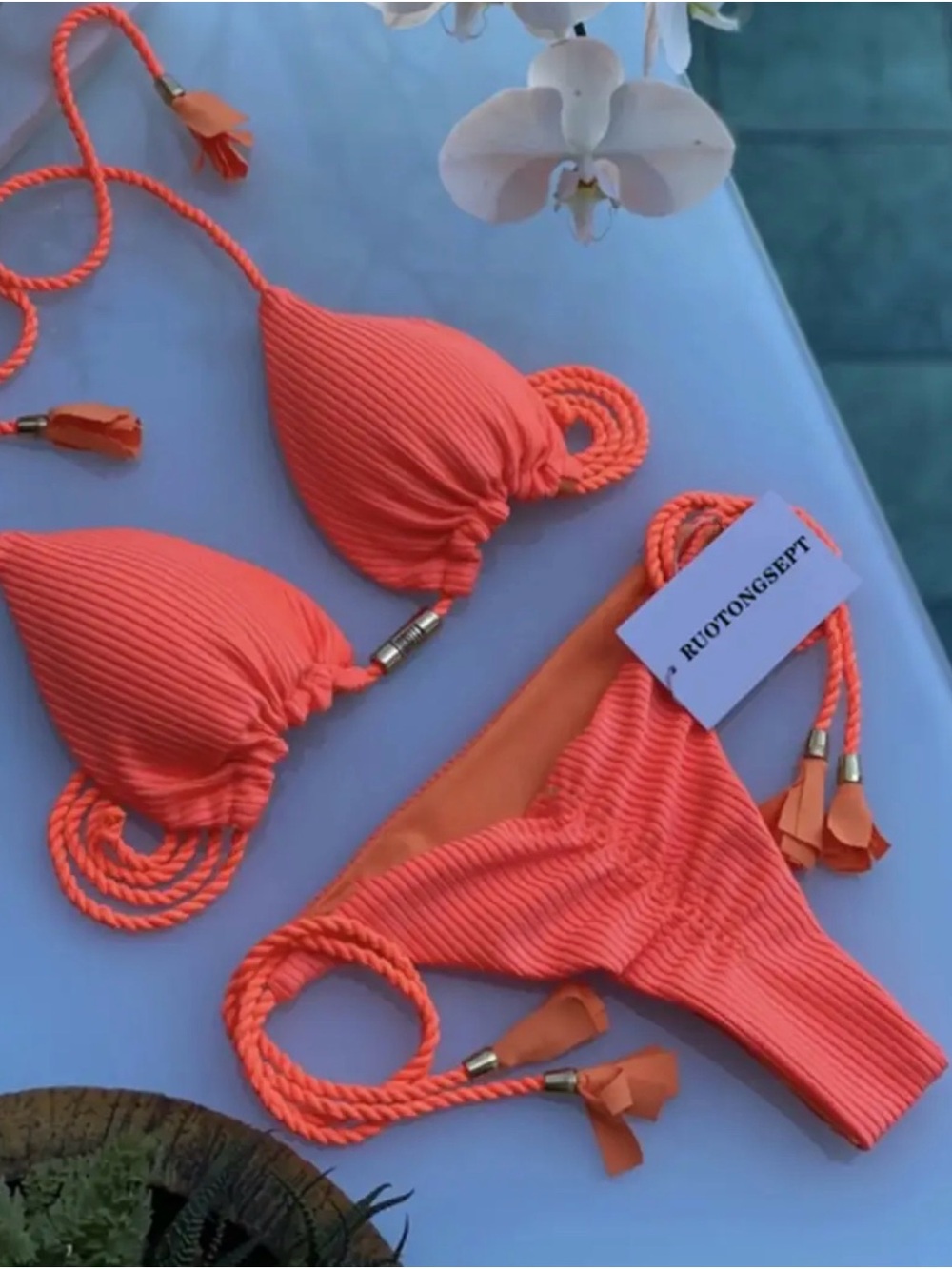 RUOTONGSEPT Coral Ribbed Rope Bikini Set